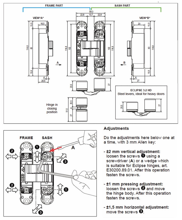 AGB Eclipse 3.2HD 3D Single Concealed Hinge - 60/80kgs