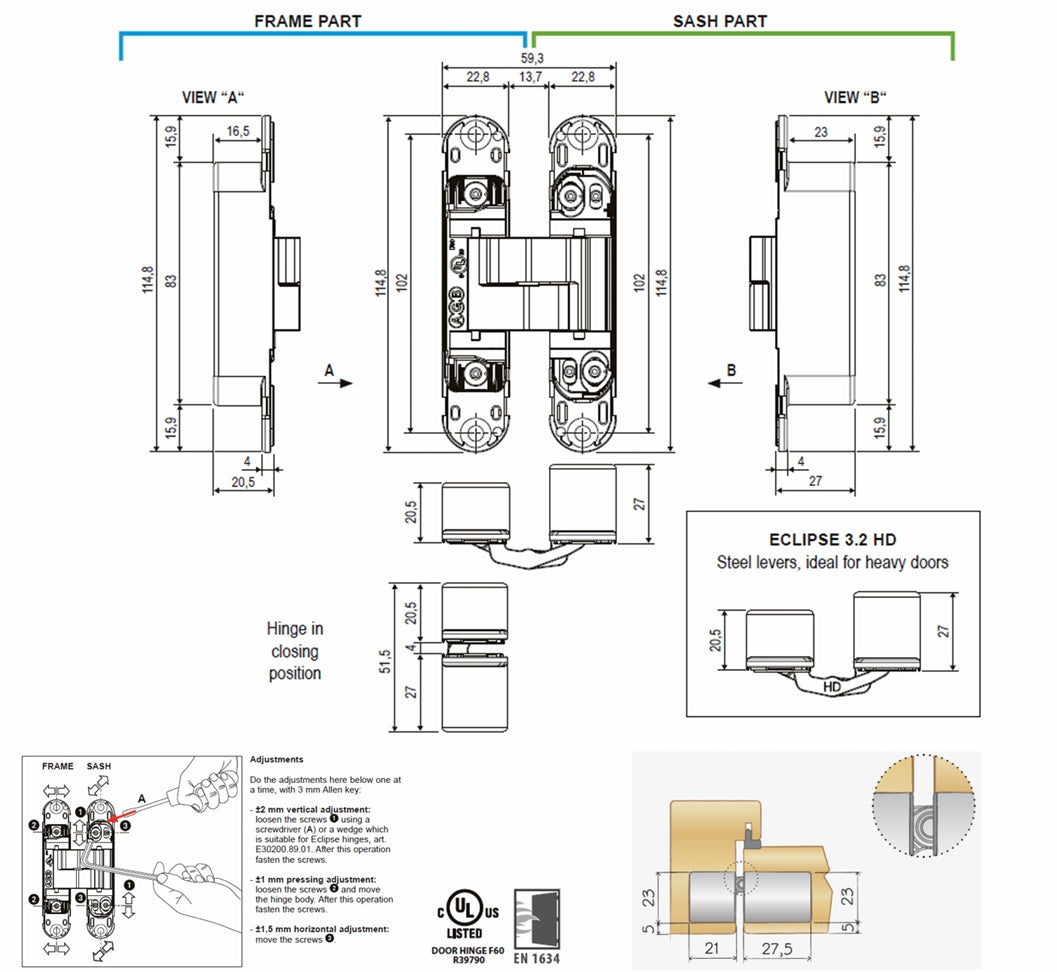 AGB Eclipse 3.2 3D Single Concealed Hinge - 40/60kgs
