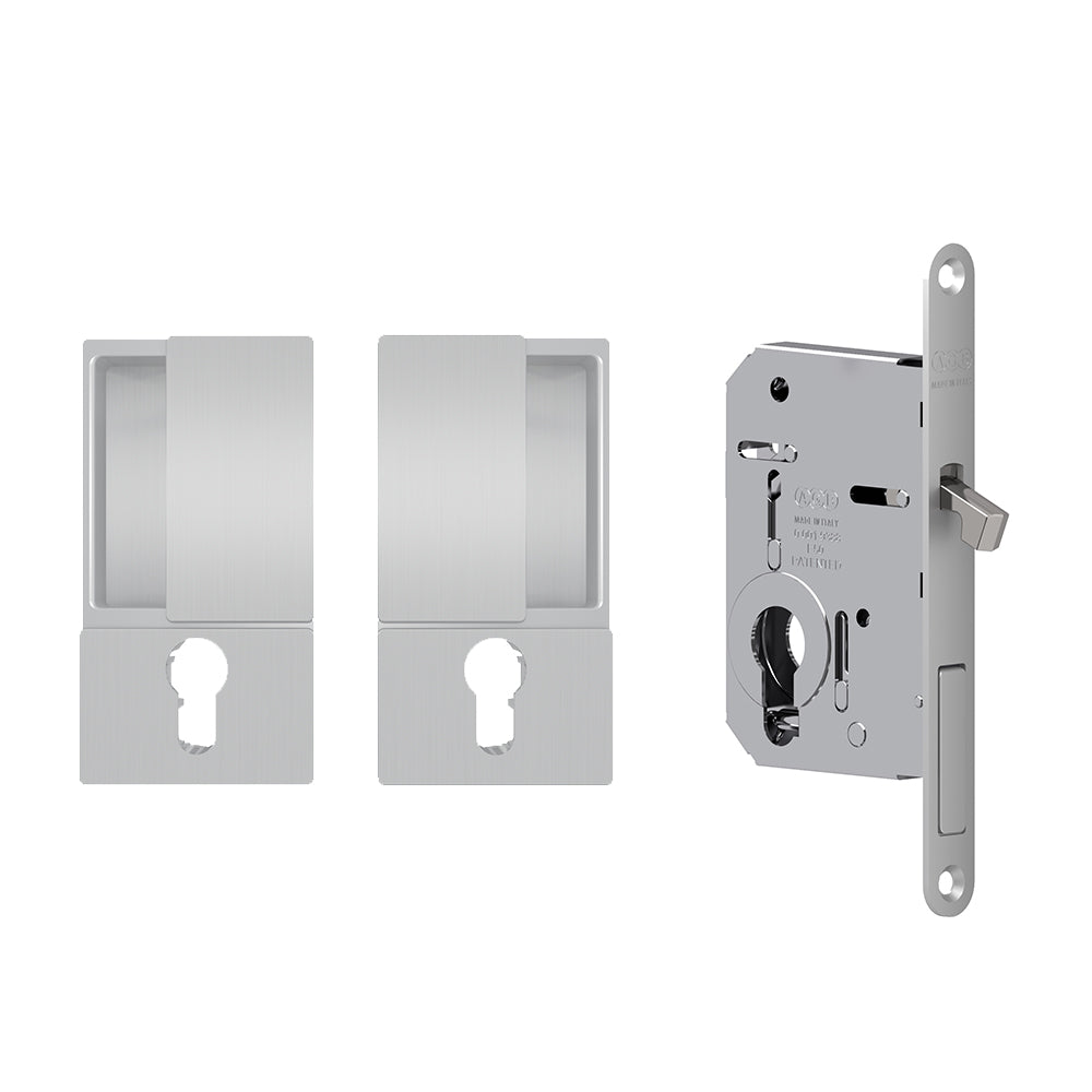 AGB Wave Sliding Pocket Door Handle and Cylinder Hook Lock Set - 50mm