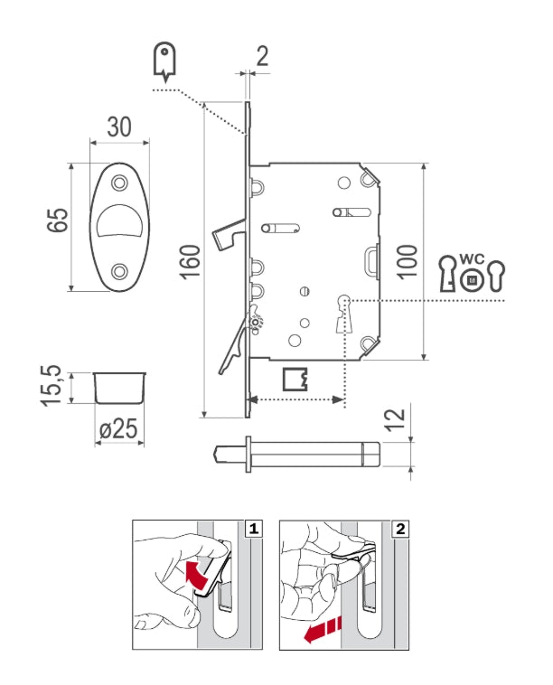 AGB Wave Sliding Pocket Door Handle and Bathroom Hook Lock Set - 50mm
