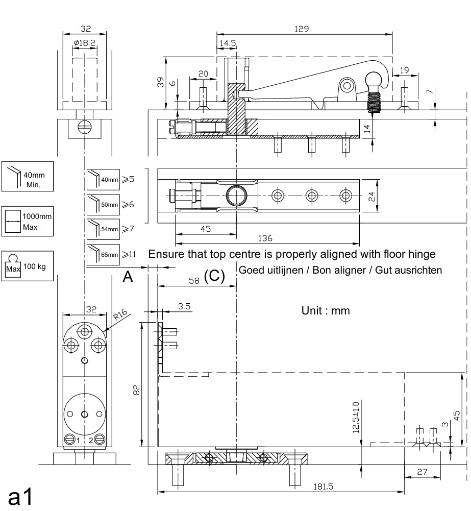 ARKITUR Double action 100kgs sprung pivot set - 45mm Depth
