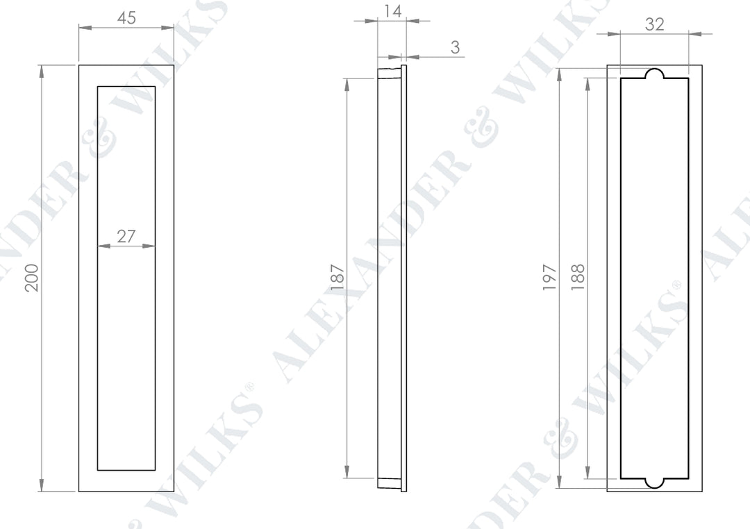 Alexander Wilks AW911 Rectangular Flush Pull - 200mm - technical picture