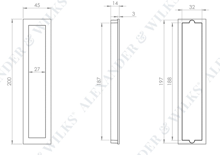 Alexander Wilks AW911 Rectangular Flush Pull - 200mm - technical picture