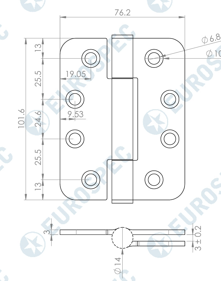 Carlisle Brass Heavy Duty Concealed Bearing 100 x 76mm Hinge - Grade 14 - Radius