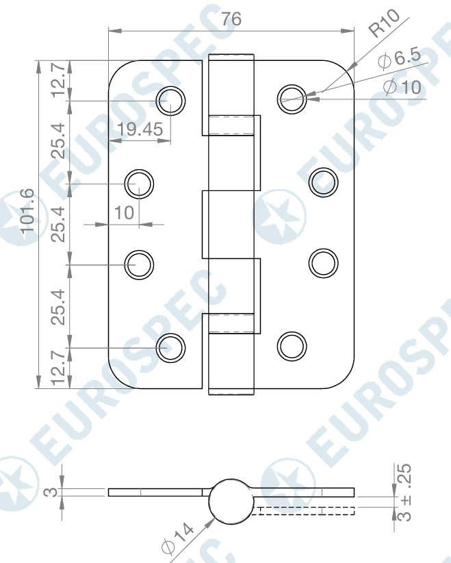 Carlisle Brass Enduro Heavy Duty Ball Bearing 100 x 76mm Hinge - Grade 13 - Radius