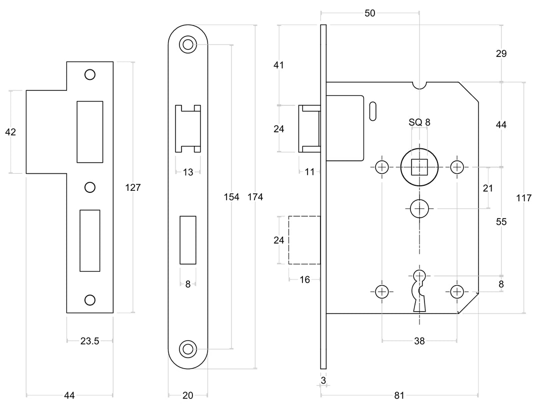 Formani Basics LBLAN56 Lever Key Sashlock Technical drawing - itfitz