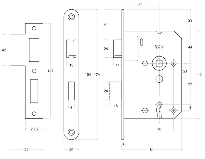 Formani Basics LBLAN56 Lever Key Sashlock Technical drawing - itfitz