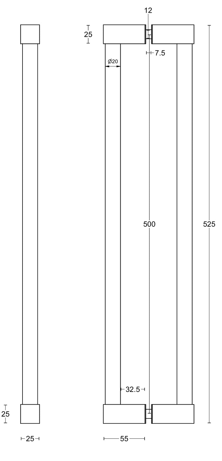 Dimension diagram of vertical pull handle with square ends and mounting holes