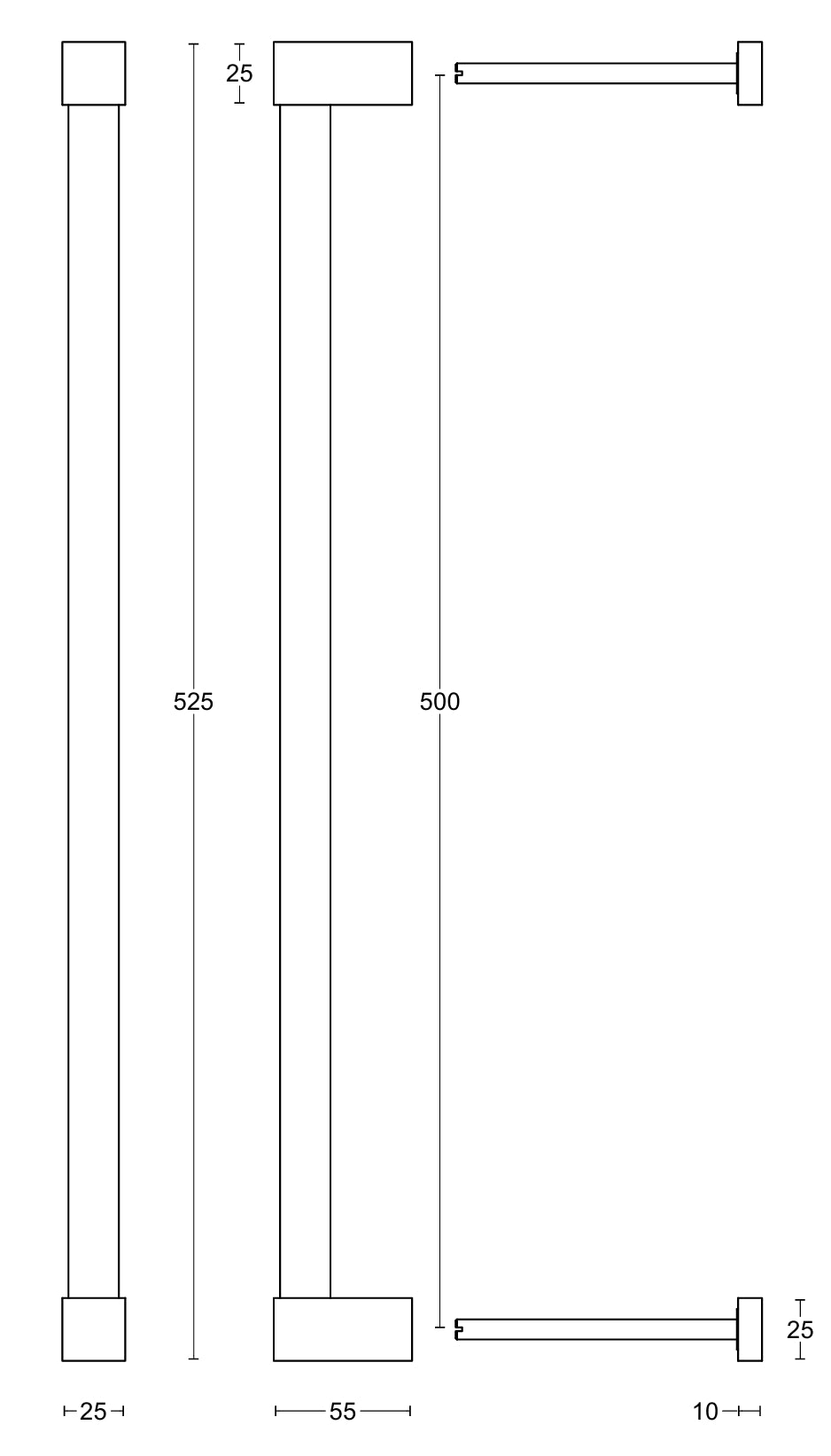 Technical dimension diagram of vertical pull handle with square top and base