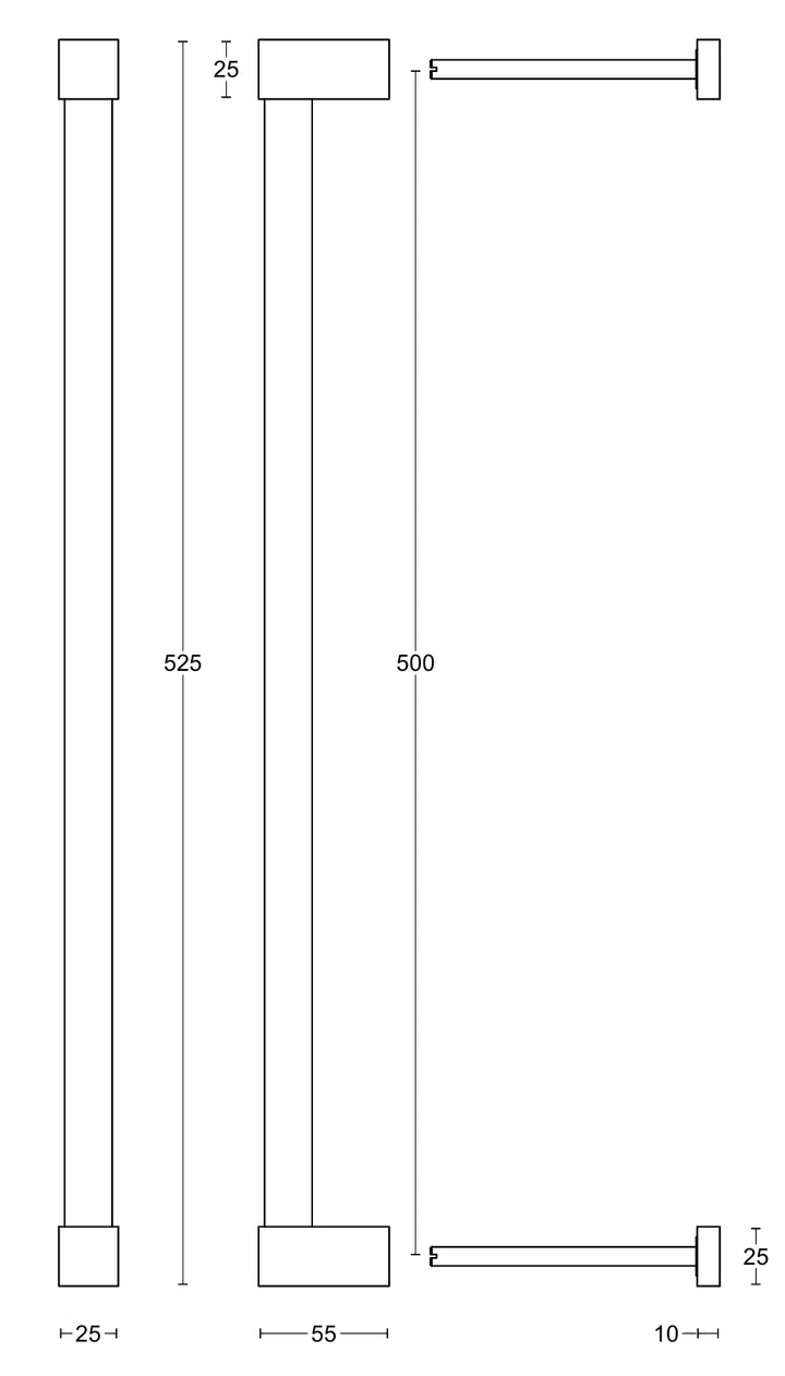 Technical dimension diagram of vertical pull handle with square top and base