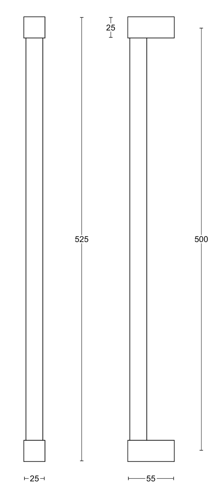 Dimension diagram of vertical pull handle with square top and base, size marks