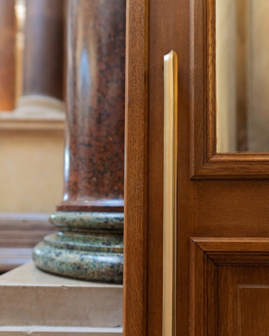 Long door pull handle with satin gold finish, rectangular bar design