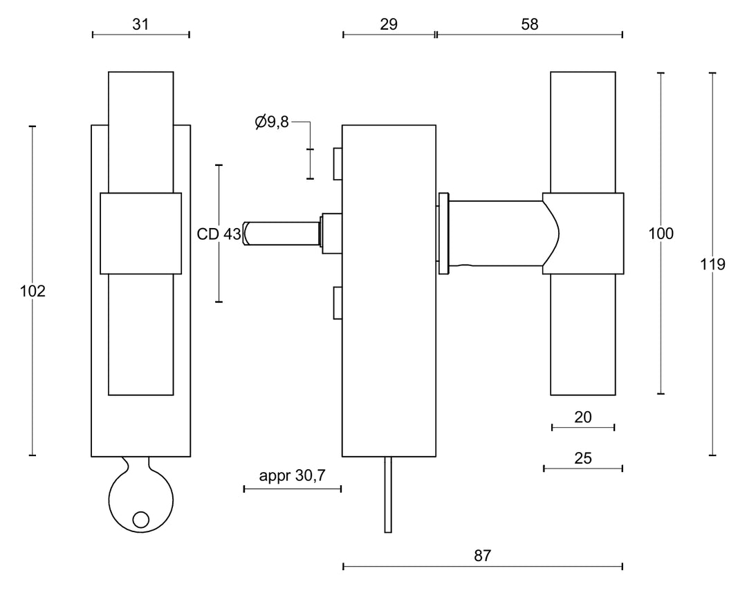 Formani Piet Boon One PBT20-DKLOCK Window Handle technical drawing