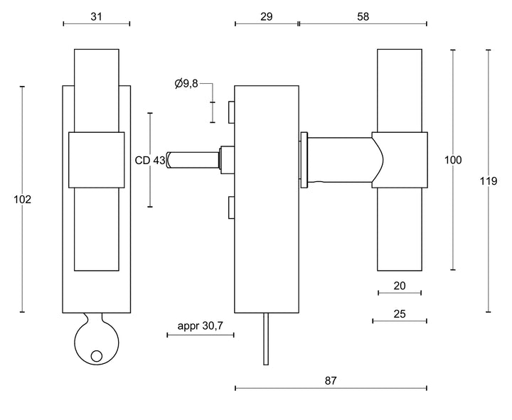 Formani Piet Boon One PBT20-DKLOCK Window Handle technical drawing