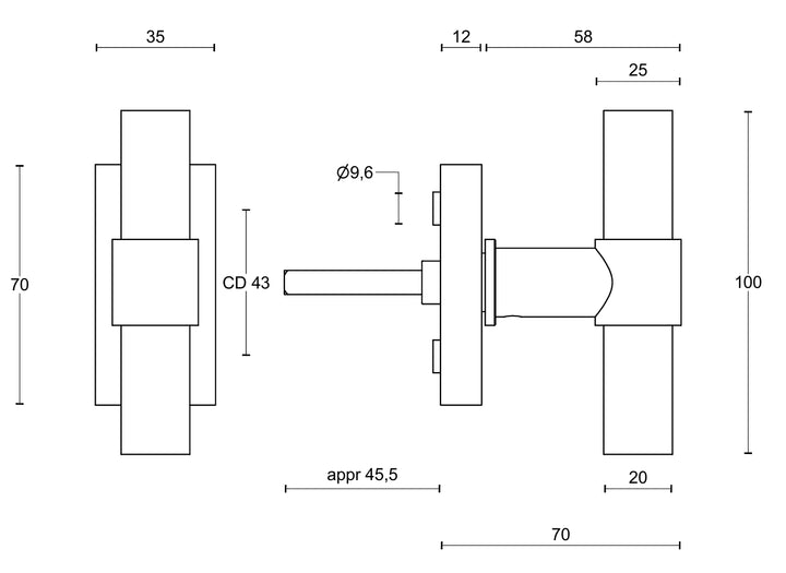 Formani Piet Boon One PBT20-DK Window Handle technical drawing