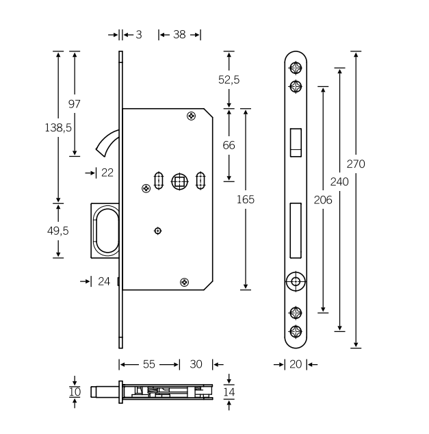 FSB 4255 Bathroom Flush Sliding Door Lock Kit with Edge Pull