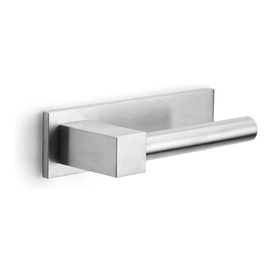 Satin stainless lever handle set with square lever and rectangular backplate