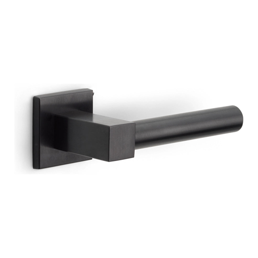 Lever handle set with dark satin black lever and matching square backplate