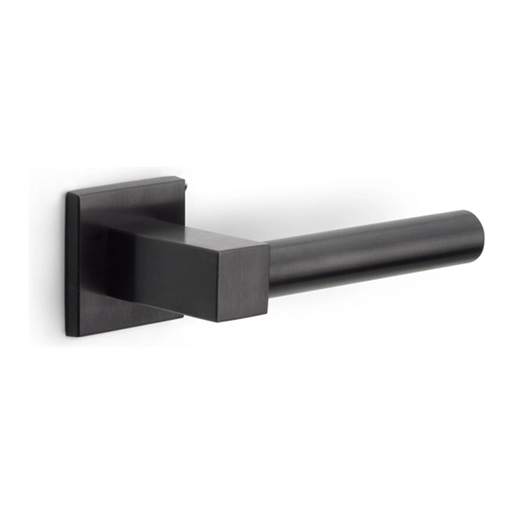 Lever handle set with dark satin black lever and matching square backplate