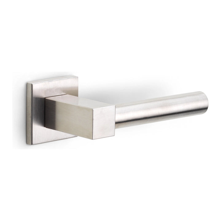 Lever handle set in satin stainless finish with silver lever and square backplate