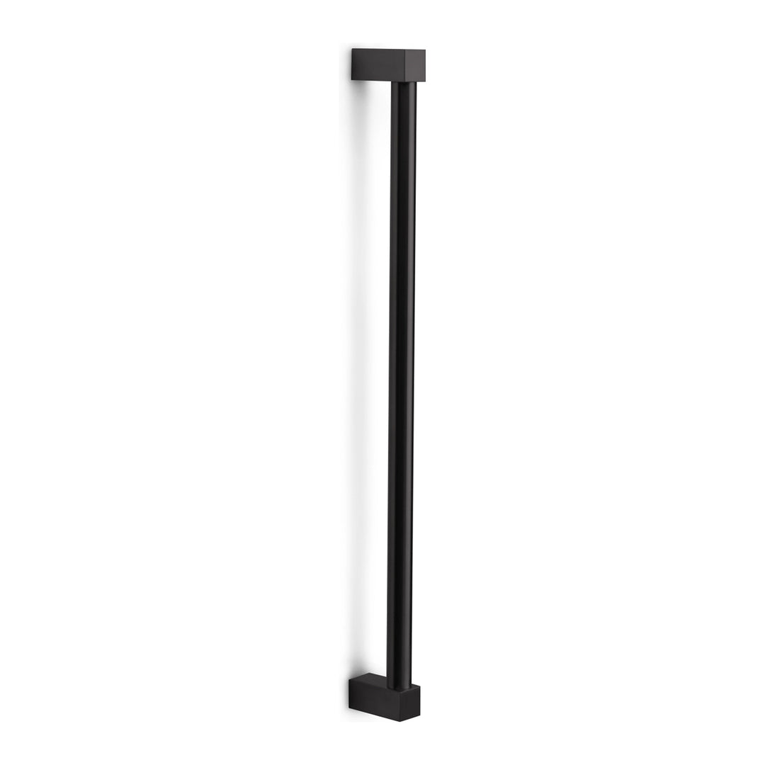 Pull handle in black metal with square top plate and base, straight vertical bar