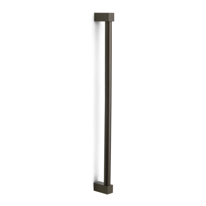 Pull handle in dark metal with square top and base plates, vertical bar
