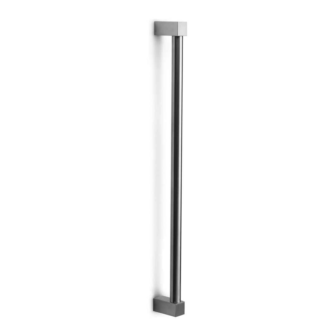 Pull handle in stainless metal with square top plate and base, vertical bar