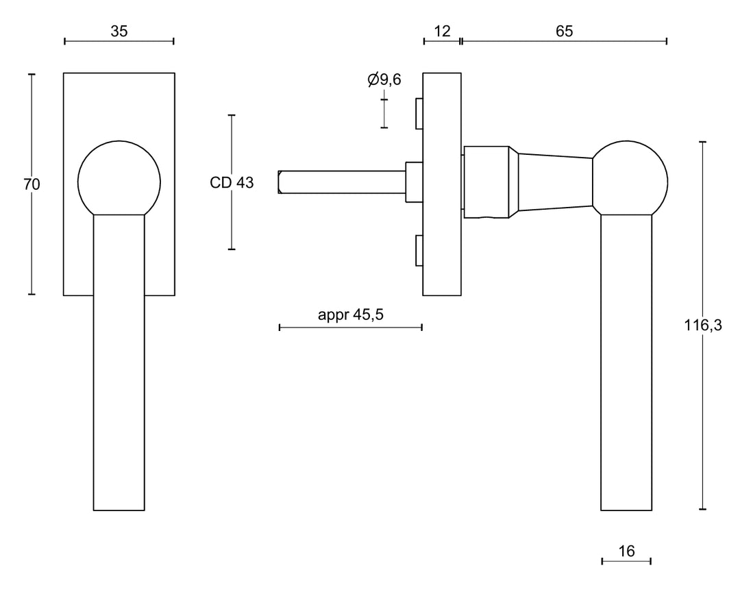 Formani Ferrovia FVL110-DK Window Handle Technical Drawing