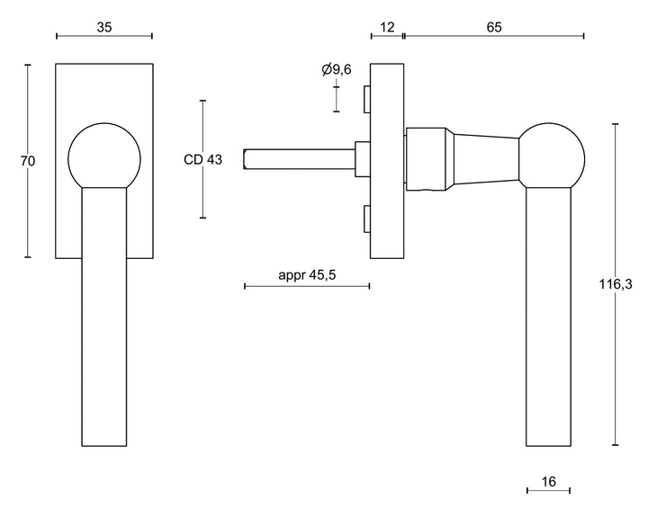 Formani Ferrovia FVL110-DK Window Handle Technical Drawing