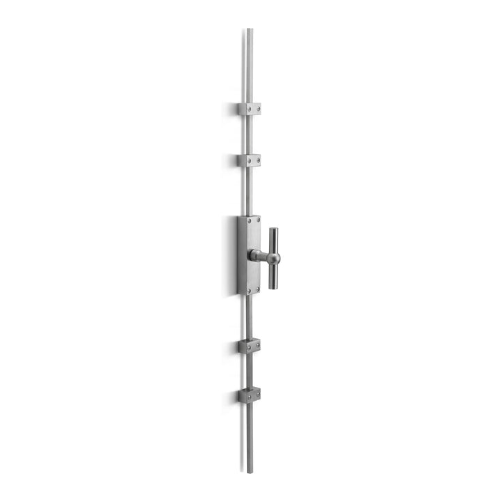 Stainless espagnolette bolt with locking handle and four mounting plates