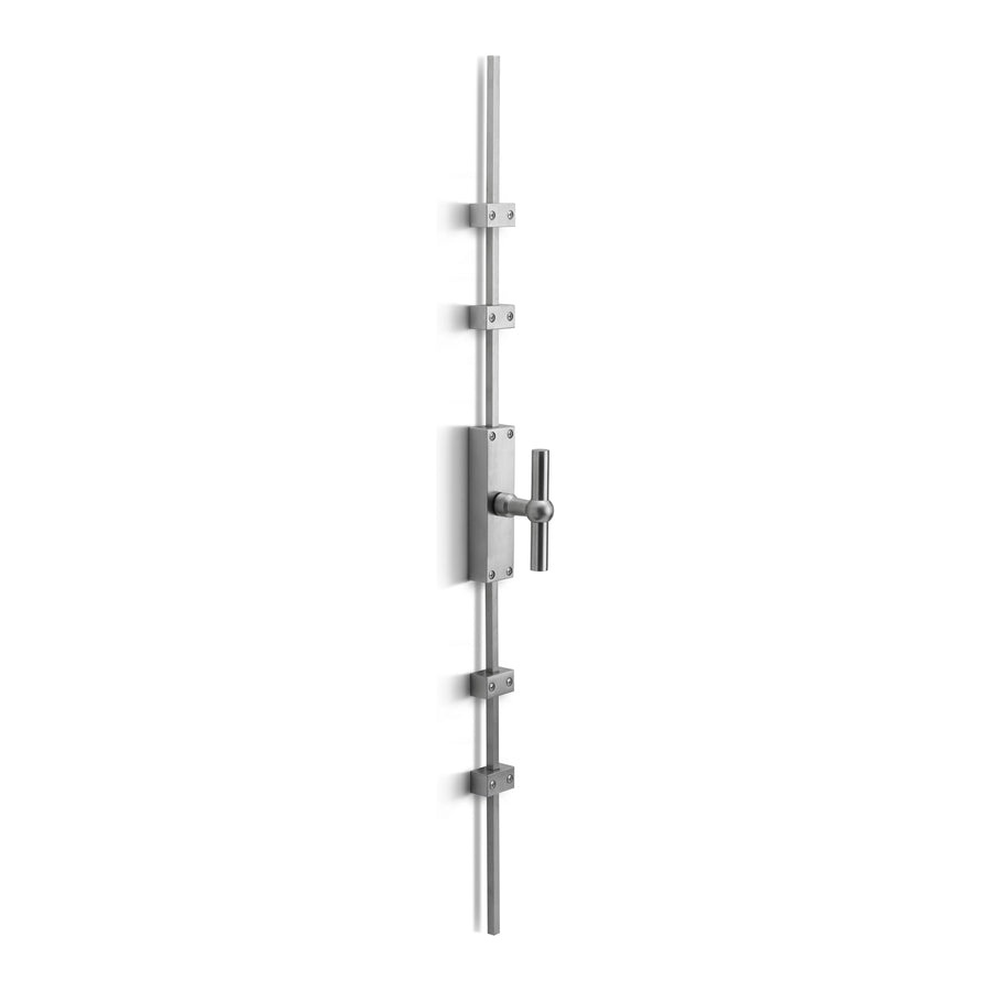 Stainless espagnolette bolt with locking handle and four mounting plates