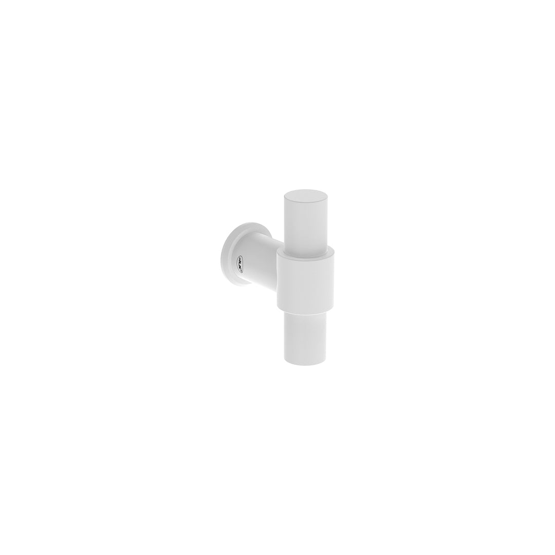 White T-bar cabinet knob with round face and cylindrical back post