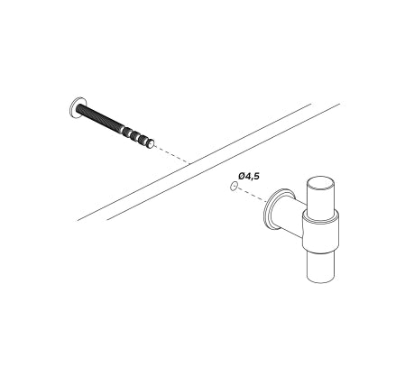 Technical line drawing of a T-bar cabinet knob with dimensions